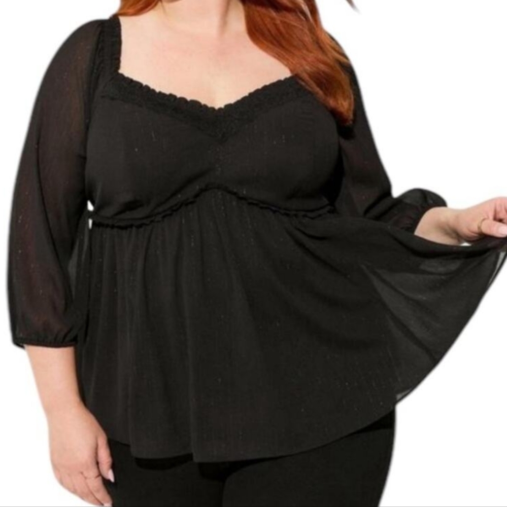 Torrid Top Plus 4 4X Black Metallic Chiffon Sheer Babydoll Blouse Shirt NWT NEW